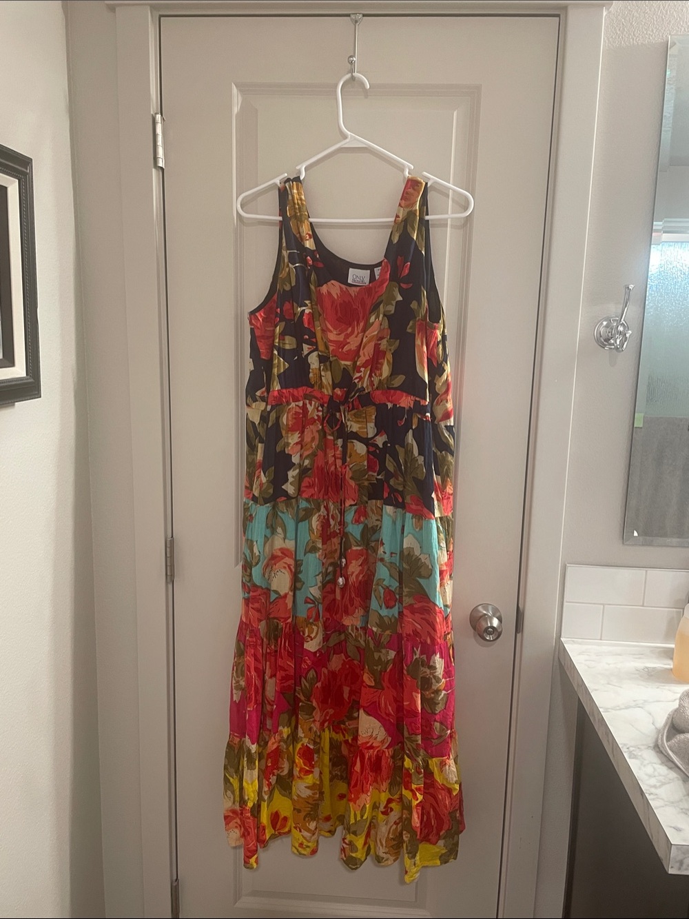 Only Necessities Navy Floral Maxi Dress with Red, Yellow & Aqua Panels